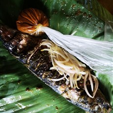 Barbecued take-away fish in a leaf, Ebolowa